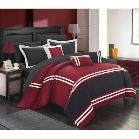 Chic Home CS4931-US Farah Supersoft Oversized Pieced Color Block Banding Collection Bed In A Bag Comforter Set With Sheets - Red - King - 10 Piece